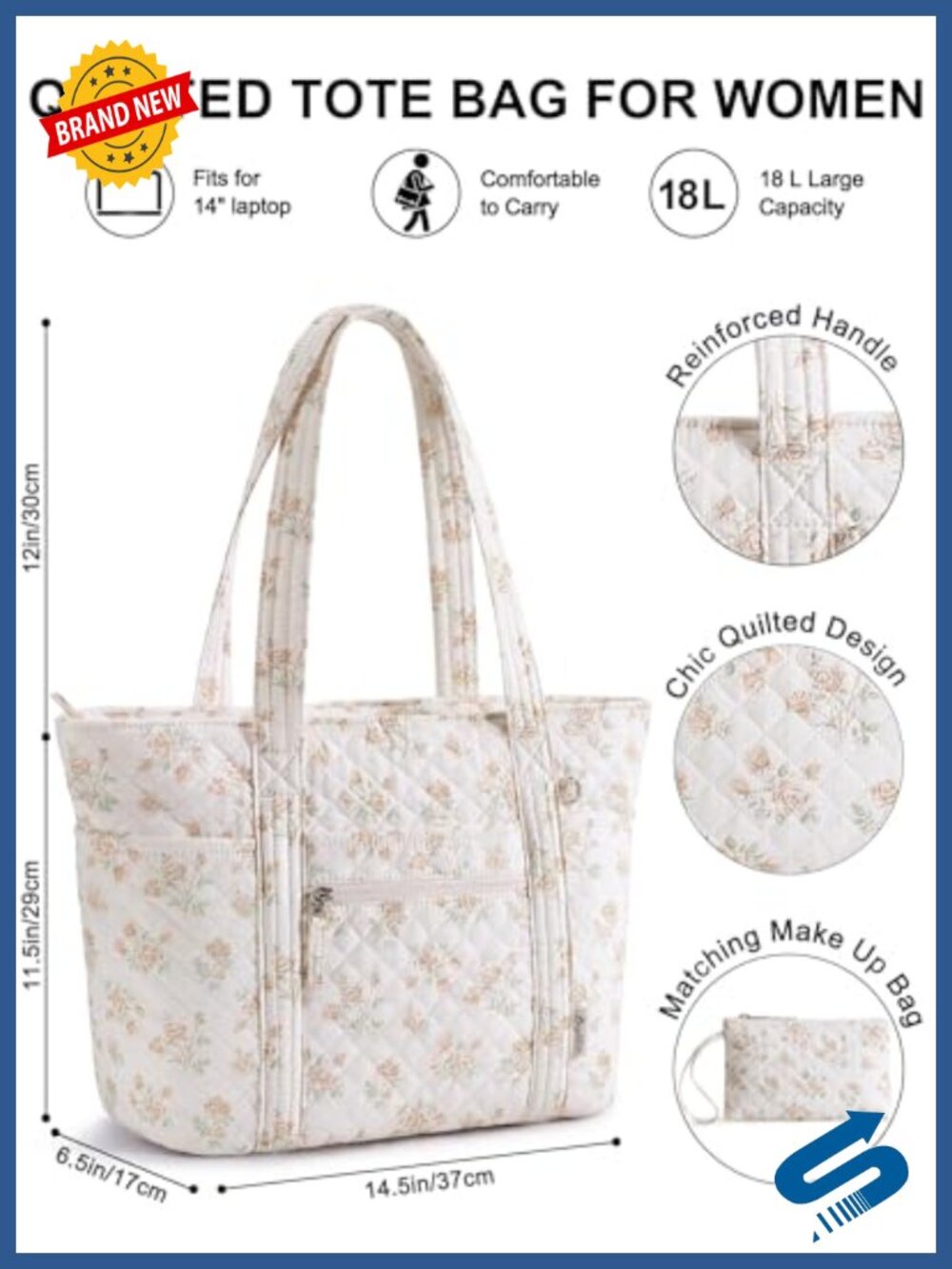 Quilted Cotton Tote Bag Puffer Work Travel Nurse Teacher - Picture 3 of 6